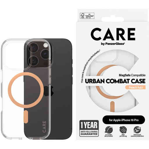 CARE by PanzerGlass Flagship Case Transparent Urban Combat w. Peachy MagSafe iPhone 16 Pro