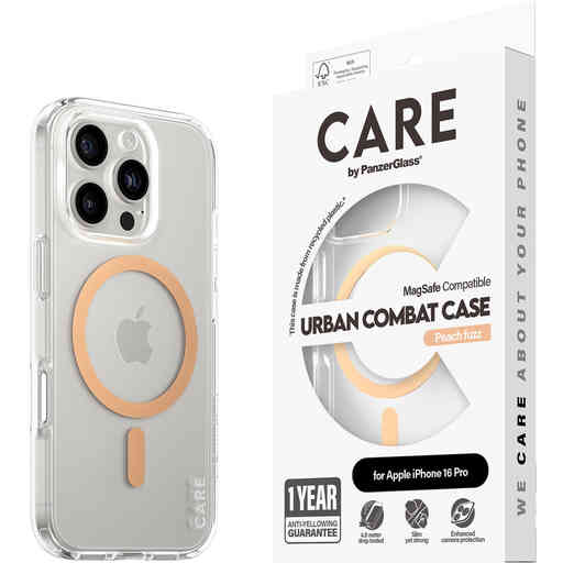CARE by PanzerGlass Flagship Case Transparent Urban Combat w. Peachy MagSafe iPhone 16 Pro