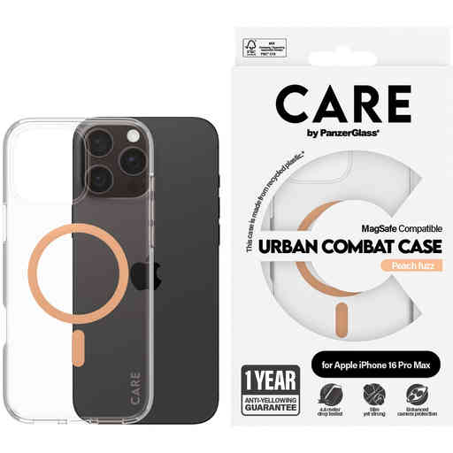 CARE by PanzerGlass Flagship Case Transparent Urban Combat w. Peachy MagSafe iPhone 16 Pro Max