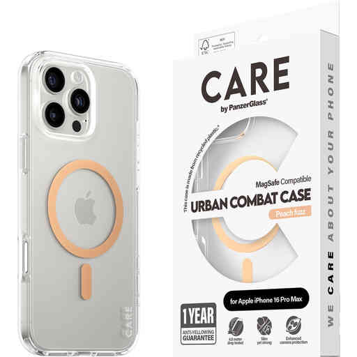 CARE by PanzerGlass Flagship Case Transparent Urban Combat w. Peachy MagSafe iPhone 16 Pro Max
