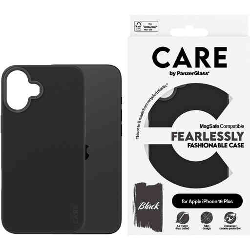 CARE by PanzerGlass Fashionable Case Black w. MagSafe iPhone 16 Plus