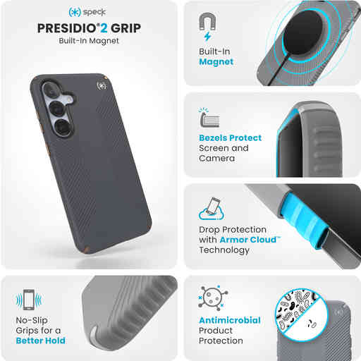 Speck Presidio2 Grip + Magnet Samsung Galaxy S25 Plus Charcoal Grey - with Microban