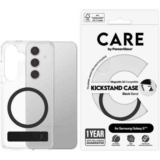CARE by PanzerGlass Feature Case Transparent w. Black Kickstand & QI Samsung S25