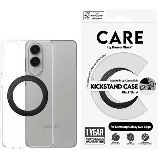 CARE by PanzerGlass Feature Case Transparent w. Black Kickstand & QI Samsung S25 Edge